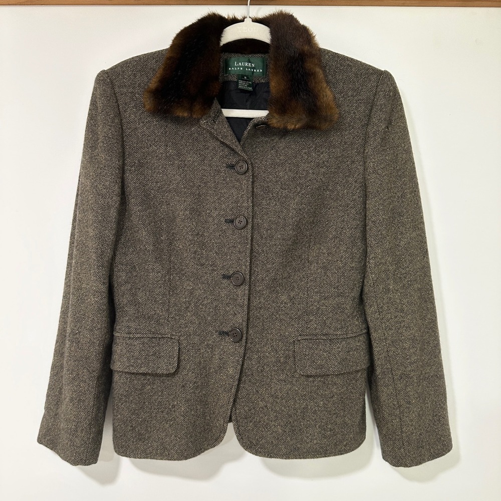 Lauren Ralph Lauren Lambswool Blazer Womens 8 Brown Tweed Faux Fur Collar